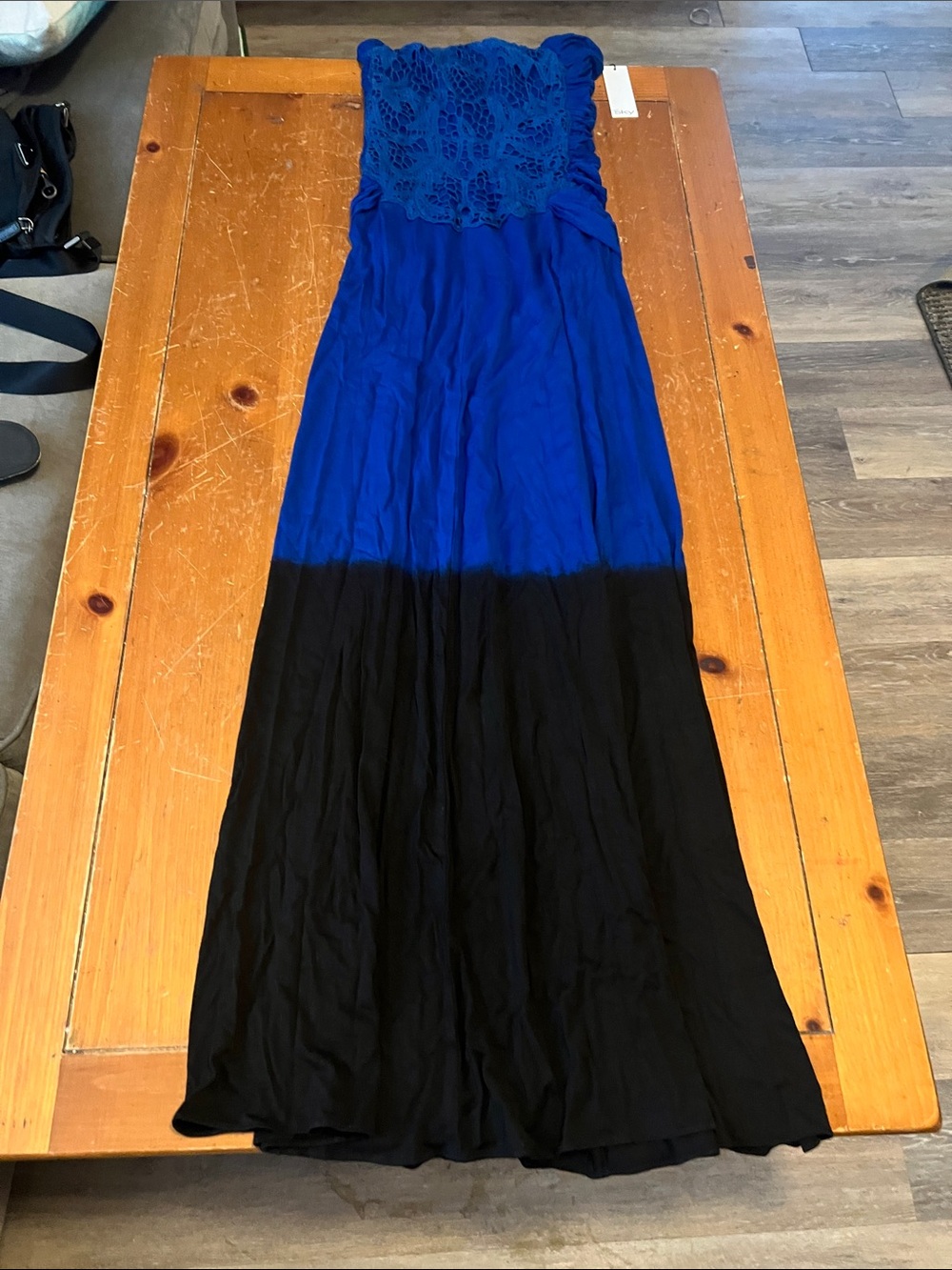 Sky Royal Blue and Black Strapless Lace Maxi Dress